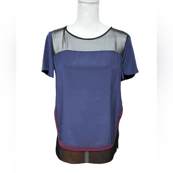 DIANE VON FURSTENBERG SILK COLOR-BLOCK BECKY TOP 8 Navy Black - Picture 1 of 7